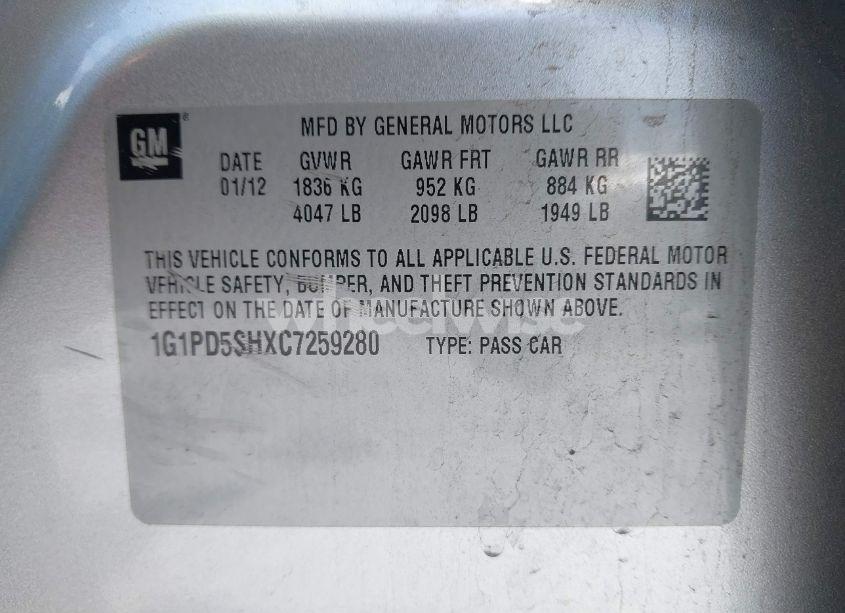 Photo 9 of 2012 Chevrolet Cruze LS (VIN 1G1PD5SHXC7259280)