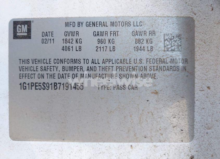 Photo 9 of 2011 Chevrolet Cruze LT (VIN 1G1PE5S91B7191455)