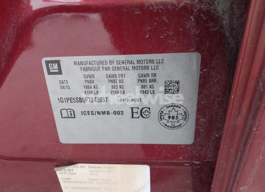 Photo 9 of 2015 Chevrolet Cruze 2LT AUTO (VIN 1G1PE5SB0F7243957)