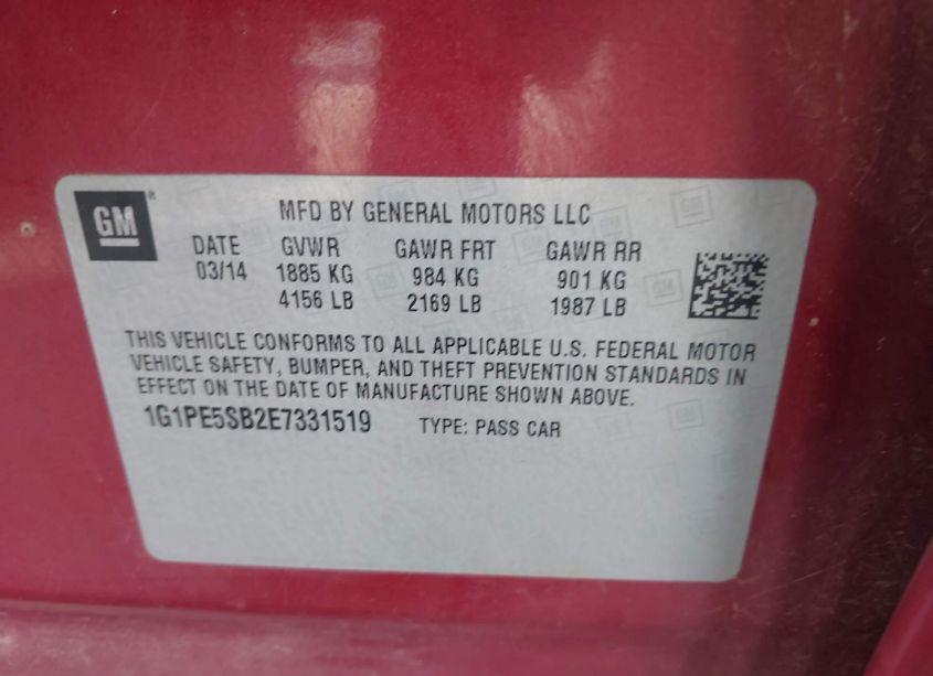 Photo 9 of 2014 Chevrolet Cruze 2LT AUTO (VIN 1G1PE5SB2E7331519)