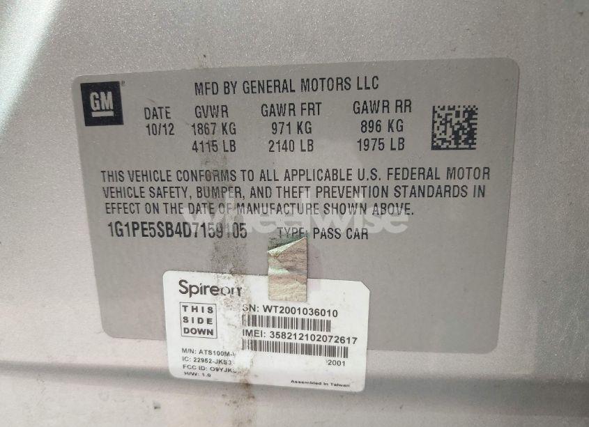 Photo 9 of 2013 Chevrolet Cruze 2LT AUTO (VIN 1G1PE5SB4D7159105)