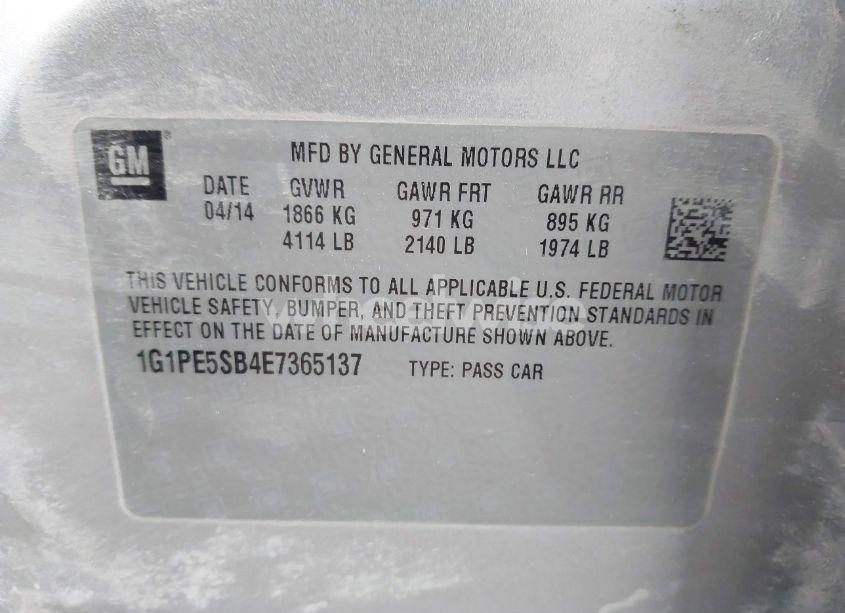 Photo 9 of 2014 Chevrolet Cruze 2LT AUTO (VIN 1G1PE5SB4E7365137)