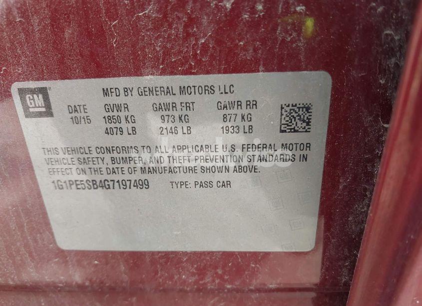 Photo 9 of 2016 Chevrolet Cruze LIMITED 1LT AUTO (VIN 1G1PE5SB4G7197499)