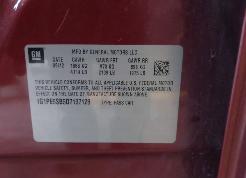 Photo 9 of 2013 Chevrolet Cruze 2LT AUTO (VIN 1G1PE5SB5D7137128)