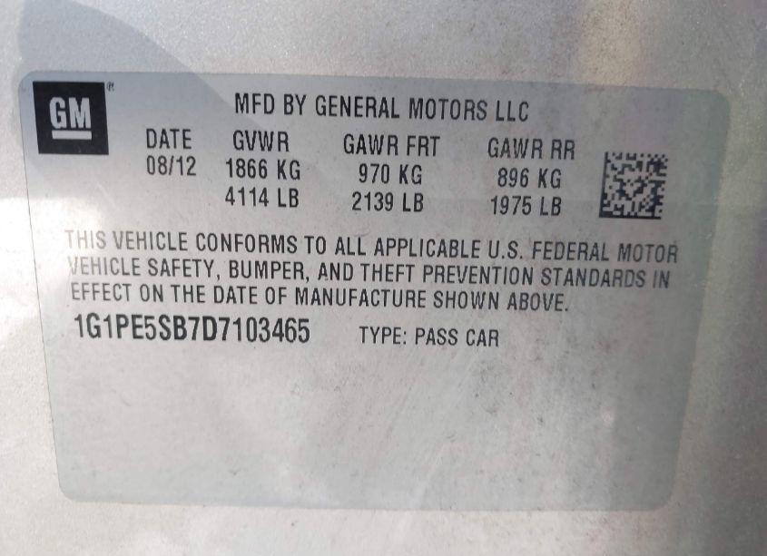 Photo 9 of 2013 Chevrolet Cruze 2LT AUTO (VIN 1G1PE5SB7D7103465)