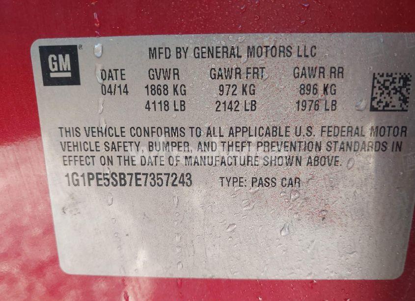 Photo 9 of 2014 Chevrolet Cruze 2LT AUTO (VIN 1G1PE5SB7E7357243)