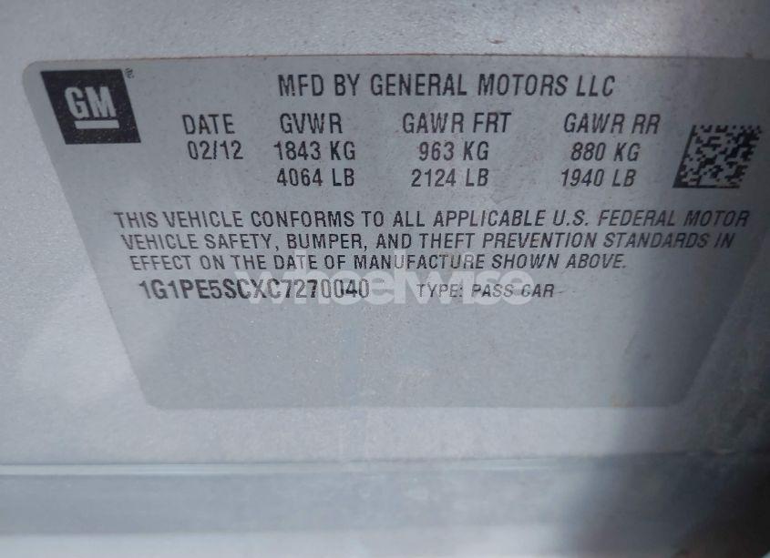 Photo 9 of 2012 Chevrolet Cruze LT (VIN 1G1PE5SCXC7270040)