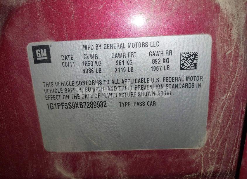 Photo 9 of 2011 Chevrolet Cruze 1LT (VIN 1G1PF5S9XB7289932)