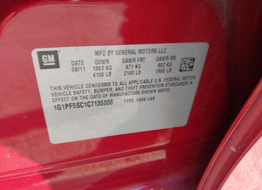 Photo 9 of 2012 Chevrolet Cruze 1LT (VIN 1G1PF5SC1C7135008)
