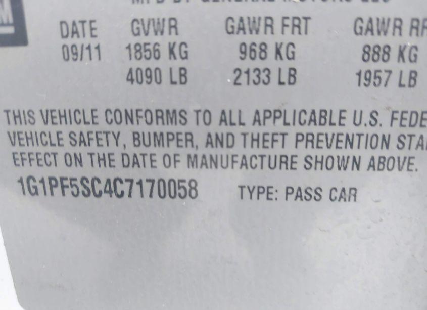 Photo 9 of 2012 Chevrolet Cruze 1LT (VIN 1G1PF5SC4C7170058)