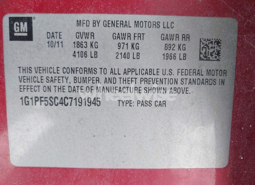 Photo 9 of 2012 Chevrolet Cruze 1LT (VIN 1G1PF5SC4C7191945)
