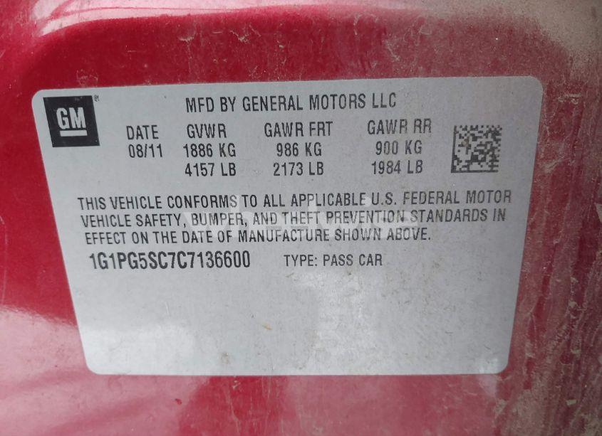 Photo 9 of 2012 Chevrolet Cruze 2LT (VIN 1G1PG5SC7C7136600)