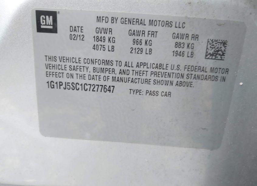 Photo 9 of 2012 Chevrolet Cruze ECO (VIN 1G1PJ5SC1C7277647)