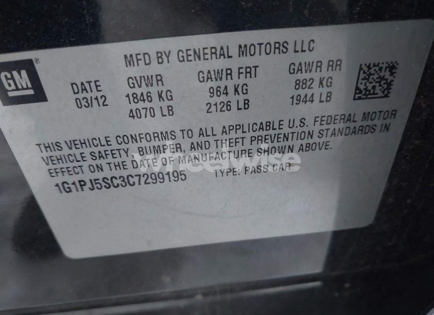 Photo 9 of 2012 Chevrolet Cruze ECO (VIN 1G1PJ5SC3C7299195)