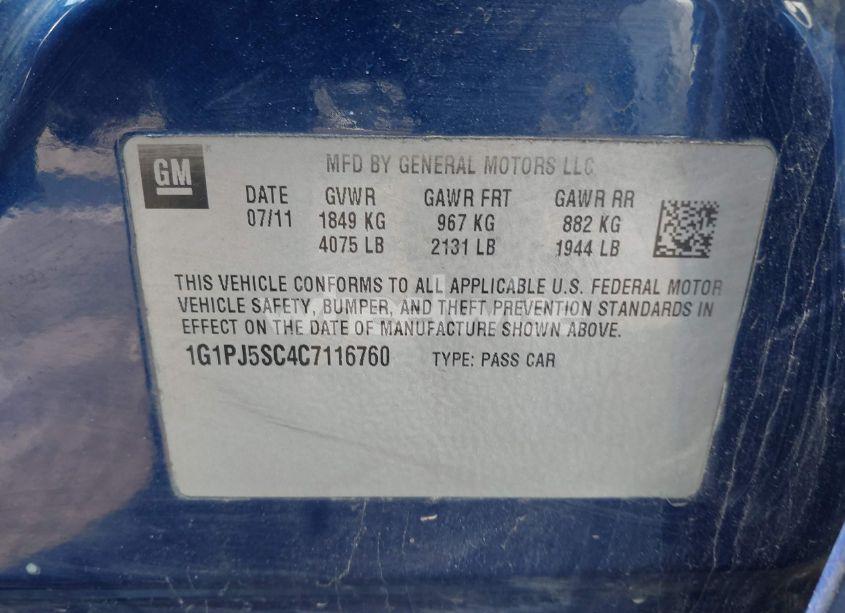 Photo 9 of 2012 Chevrolet Cruze ECO (VIN 1G1PJ5SC4C7116760)