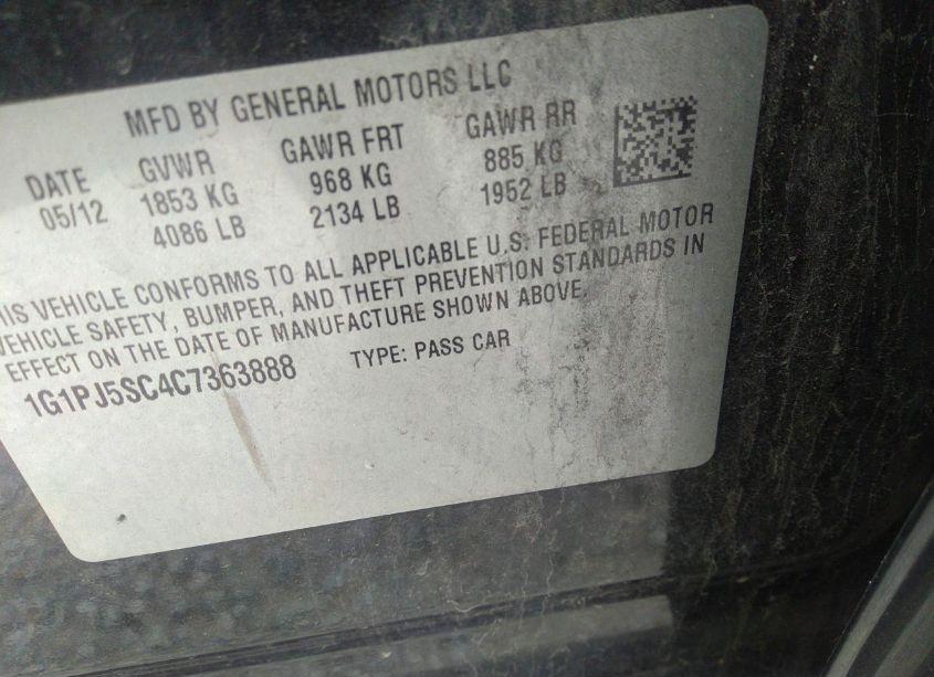 Photo 9 of 2012 Chevrolet Cruze ECO (VIN 1G1PJ5SC4C7363888)