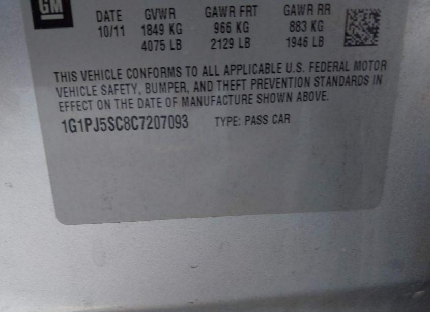 Photo 9 of 2012 Chevrolet Cruze ECO (VIN 1G1PJ5SC8C7207093)