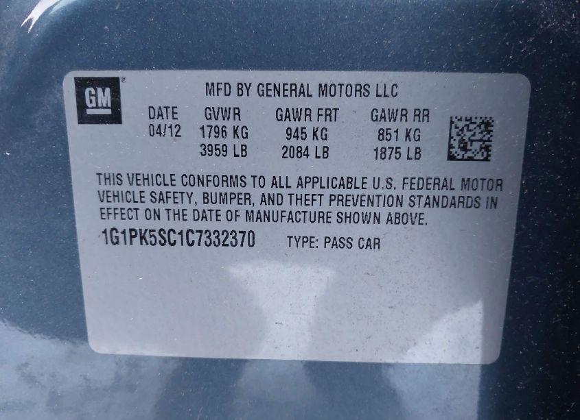 Photo 9 of 2012 Chevrolet Cruze ECO (VIN 1G1PK5SC1C7332370)