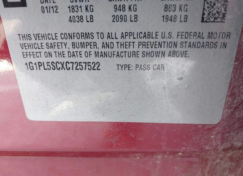 Photo 9 of 2012 Chevrolet Cruze 1LT (VIN 1G1PL5SCXC7257522)