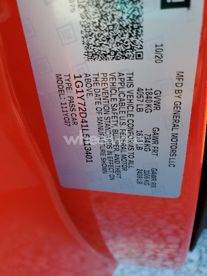 Photo 12 of 2020 CHEVROLET CORVETTE STINGRAY 2LT (VIN 1G1Y72D41L5113401)