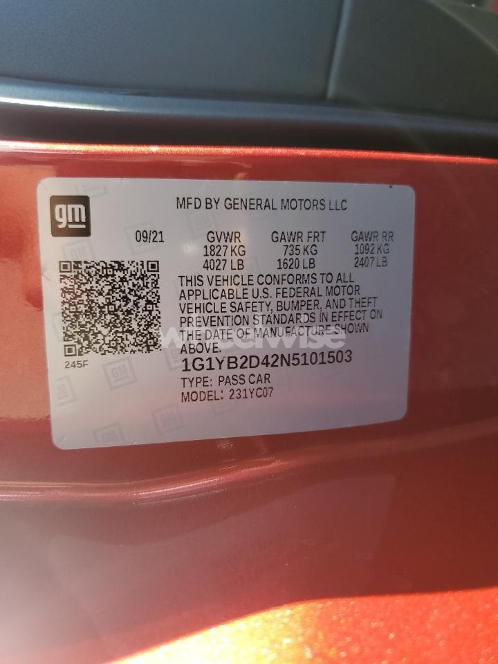 Photo 12 of 2022 CHEVROLET CORVETTE STINGRAY 2LT (VIN 1G1YB2D42N5101503)