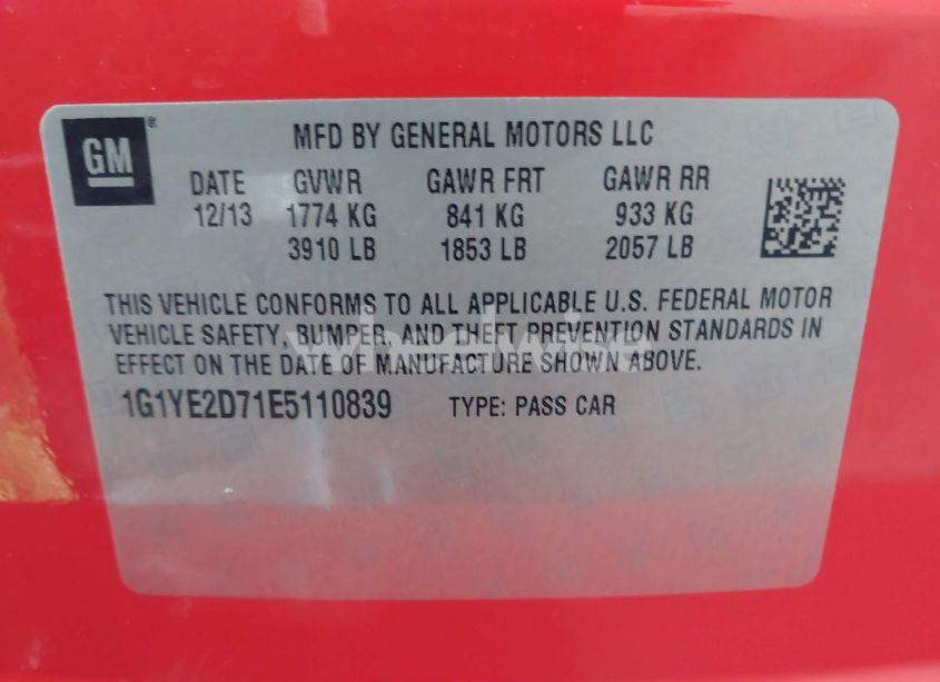 Photo 9 of 2014 Chevrolet Corvette STINGRAY (VIN 1G1YE2D71E5110839)