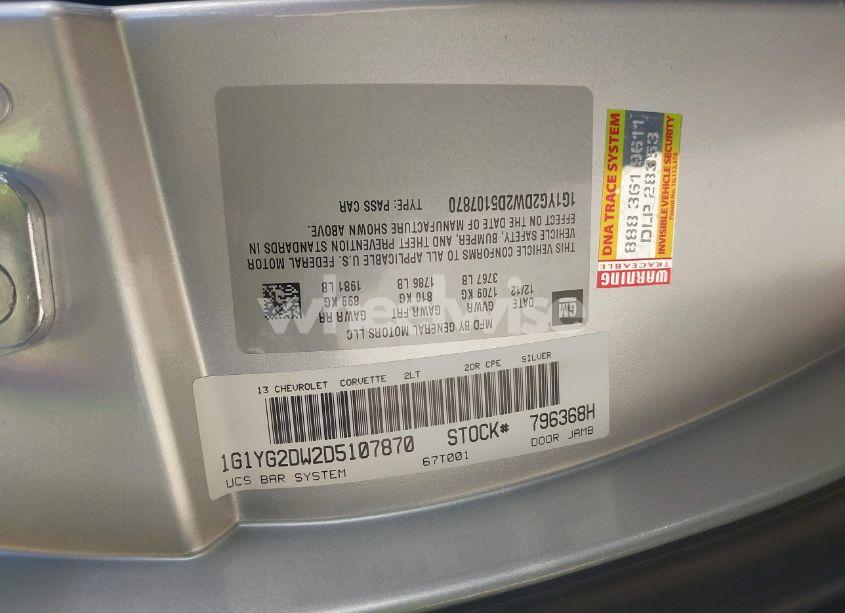 Photo 9 of 2013 Chevrolet Corvette (VIN 1G1YG2DW2D5107870)