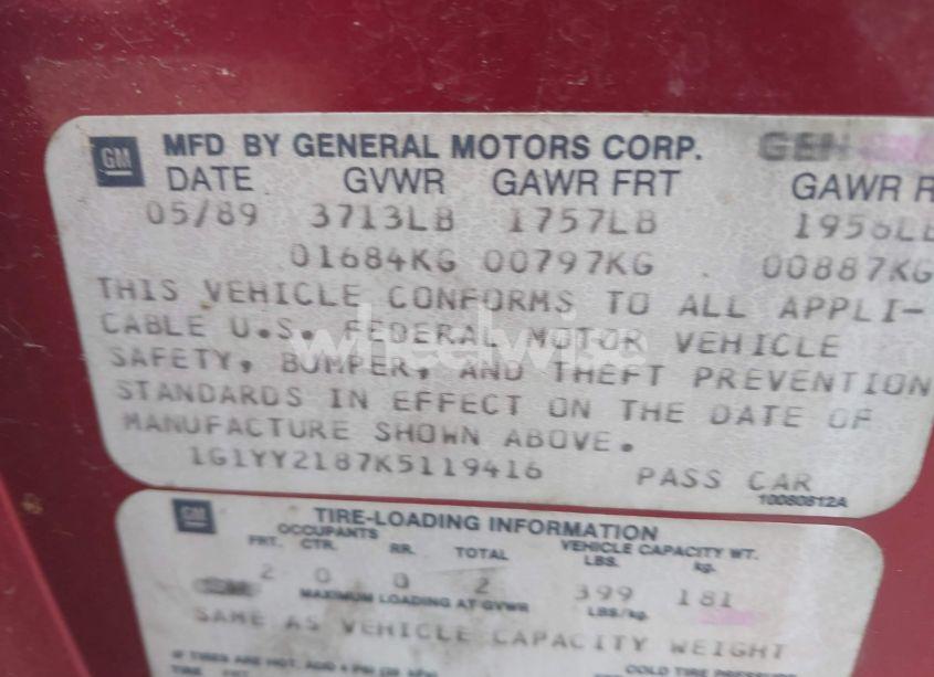 Photo 9 of 1989 Chevrolet Corvette (VIN 1G1YY2187K5119416)