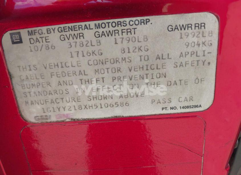 Photo 9 of 1987 Chevrolet Corvette (VIN 1G1YY218XH5106586)