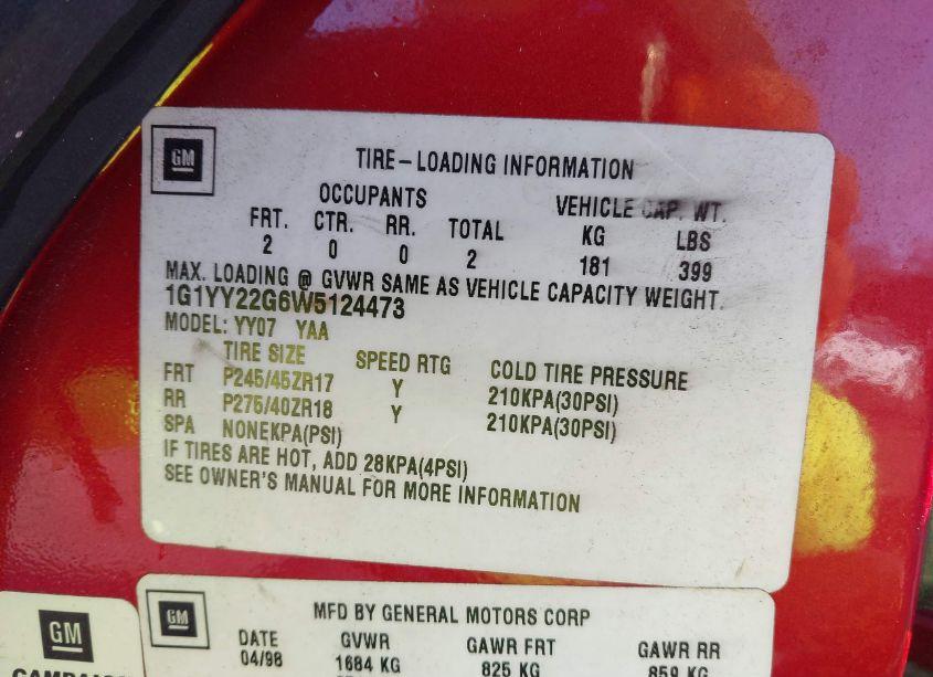 Photo 9 of 1998 Chevrolet Corvette (VIN 1G1YY22G6W5124473)