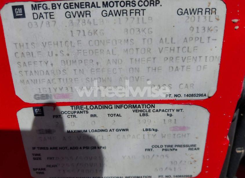 Photo 9 of 1987 Chevrolet Corvette (VIN 1G1YY3184H5120098)