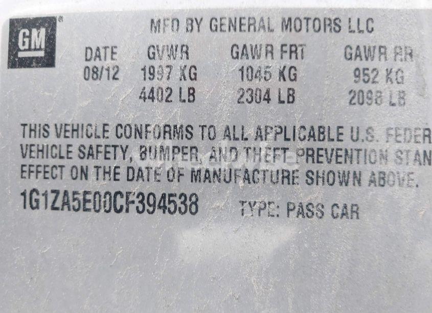 Photo 9 of 2012 Chevrolet Malibu LS (VIN 1G1ZA5E00CF394538)