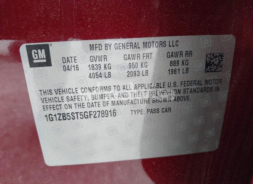 Photo 9 of 2016 Chevrolet Malibu LS (VIN 1G1ZB5ST5GF278916)