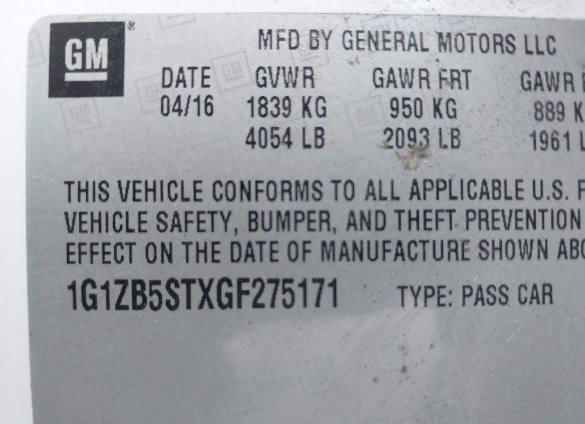 Photo 9 of 2016 Chevrolet Malibu LS (VIN 1G1ZB5STXGF275171)