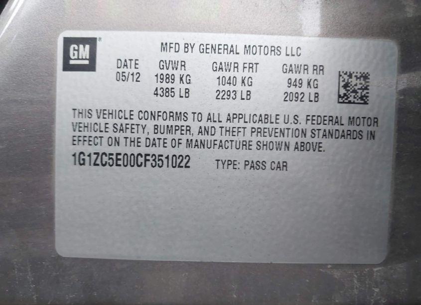 Photo 9 of 2012 Chevrolet Malibu 1LT (VIN 1G1ZC5E00CF351022)