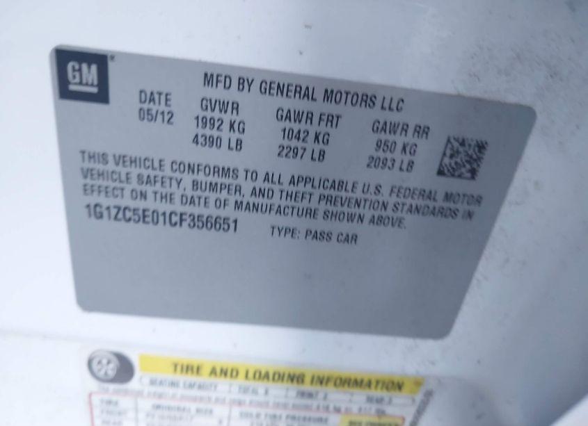 Photo 9 of 2012 Chevrolet Malibu 1LT (VIN 1G1ZC5E01CF356651)