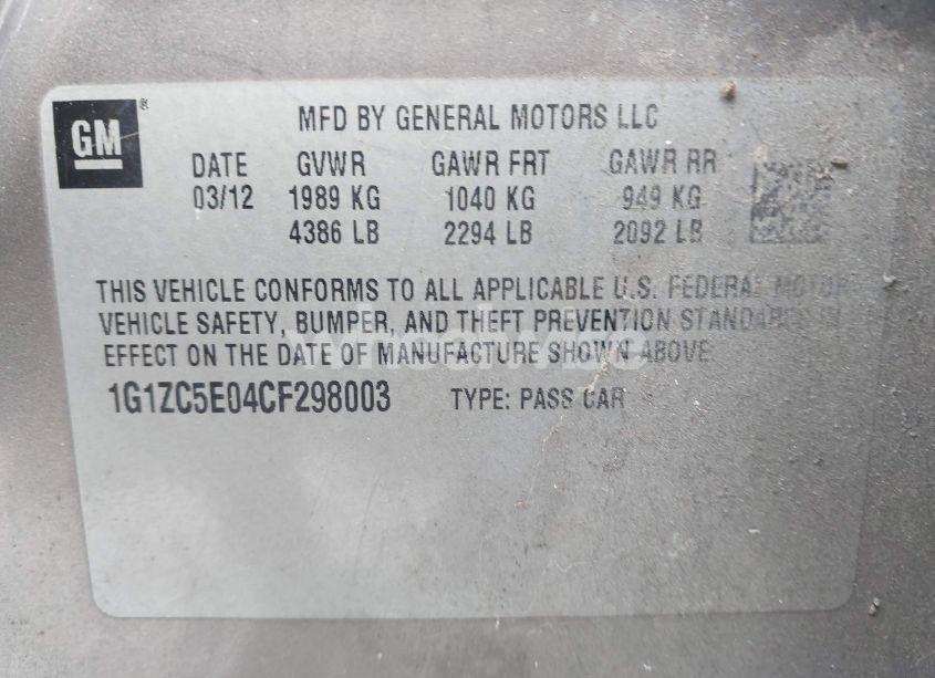 Photo 9 of 2012 Chevrolet Malibu 1LT (VIN 1G1ZC5E04CF298003)