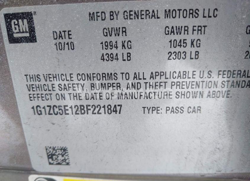 Photo 9 of 2011 Chevrolet Malibu 1LT (VIN 1G1ZC5E12BF221847)