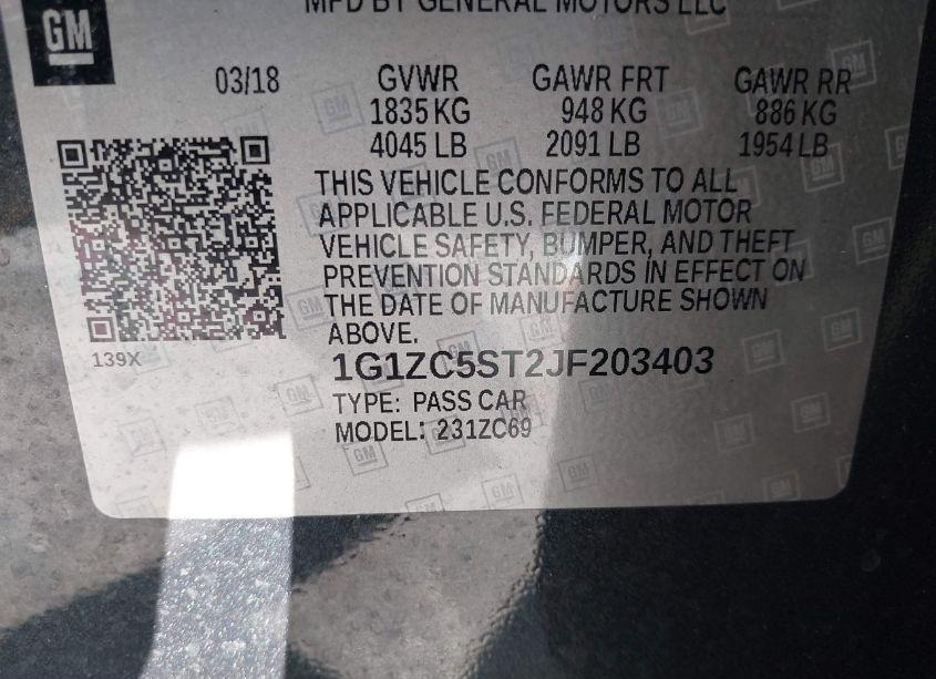 Photo 9 of 2018 Chevrolet Malibu 1FL (VIN 1G1ZC5ST2JF203403)