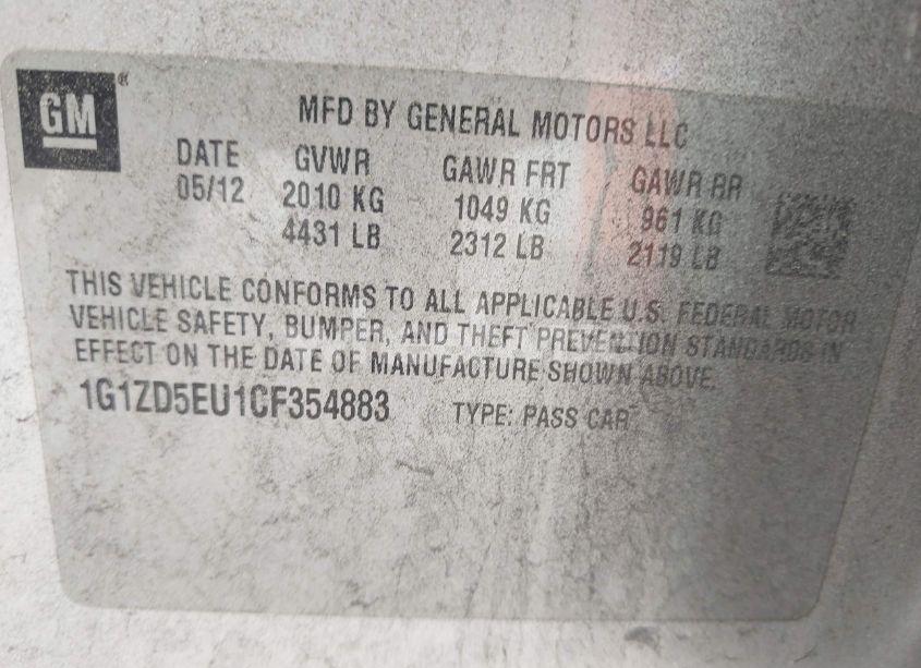 Photo 9 of 2012 Chevrolet Malibu 2LT (VIN 1G1ZD5EU1CF354883)