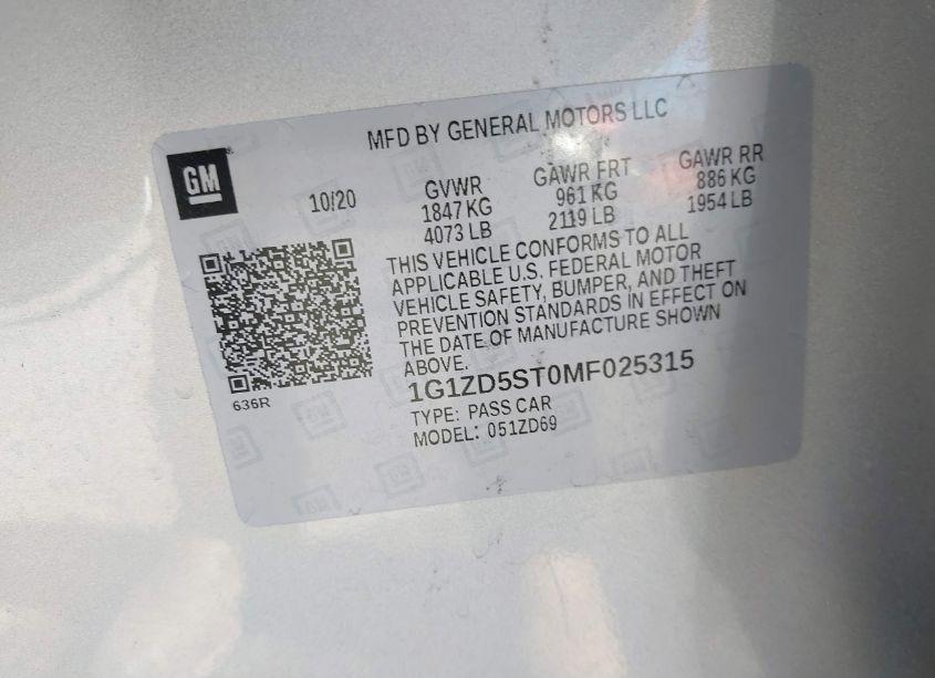 Photo 9 of 2021 Chevrolet Malibu FWD LT (VIN 1G1ZD5ST0MF025315)