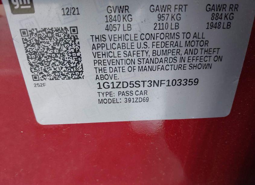 Photo 9 of 2022 Chevrolet Malibu FWD LT (VIN 1G1ZD5ST3NF103359)