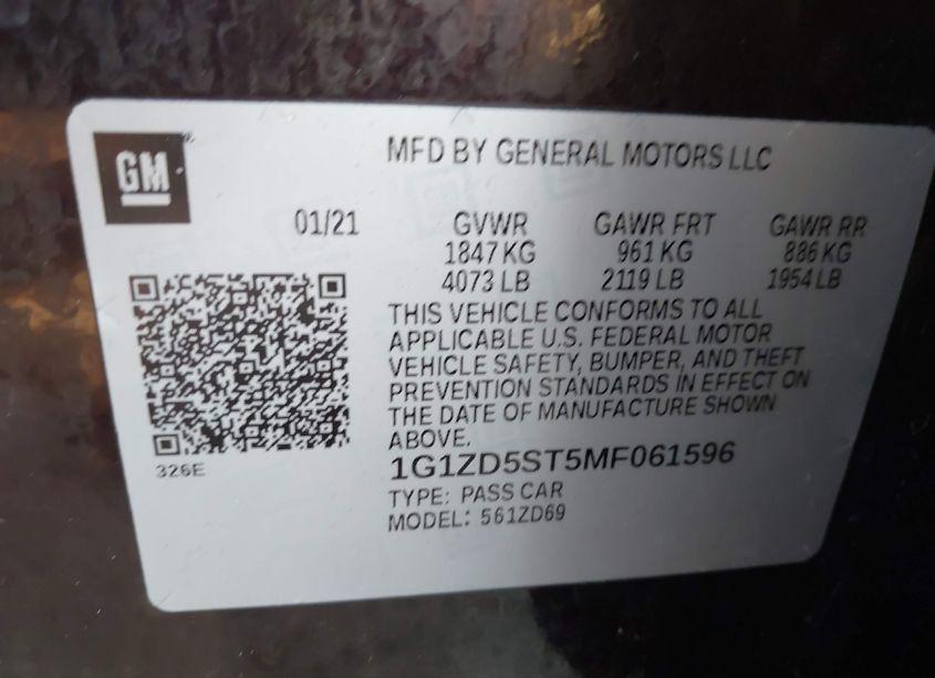 Photo 9 of 2021 Chevrolet Malibu FWD LT (VIN 1G1ZD5ST5MF061596)