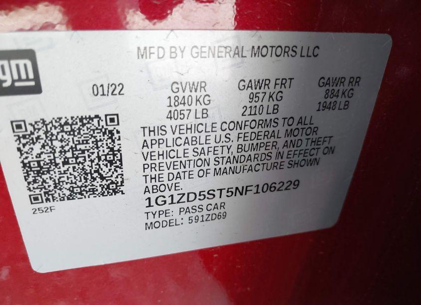 Photo 9 of 2022 Chevrolet Malibu FWD LT (VIN 1G1ZD5ST5NF106229)