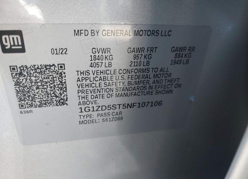 Photo 9 of 2022 Chevrolet Malibu FWD LT (VIN 1G1ZD5ST5NF107106)