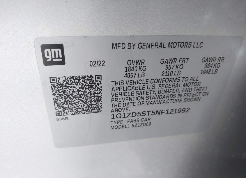 Photo 9 of 2022 Chevrolet Malibu FWD LT (VIN 1G1ZD5ST5NF121992)