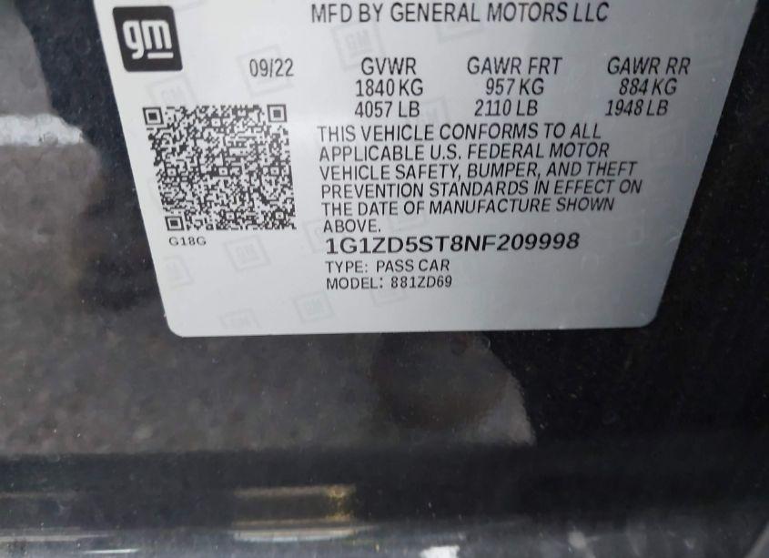 Photo 9 of 2022 Chevrolet Malibu FWD LT (VIN 1G1ZD5ST8NF209998)