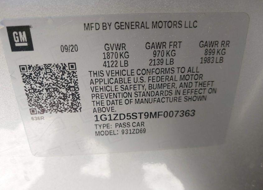 Photo 9 of 2021 Chevrolet Malibu FWD LT (VIN 1G1ZD5ST9MF007363)