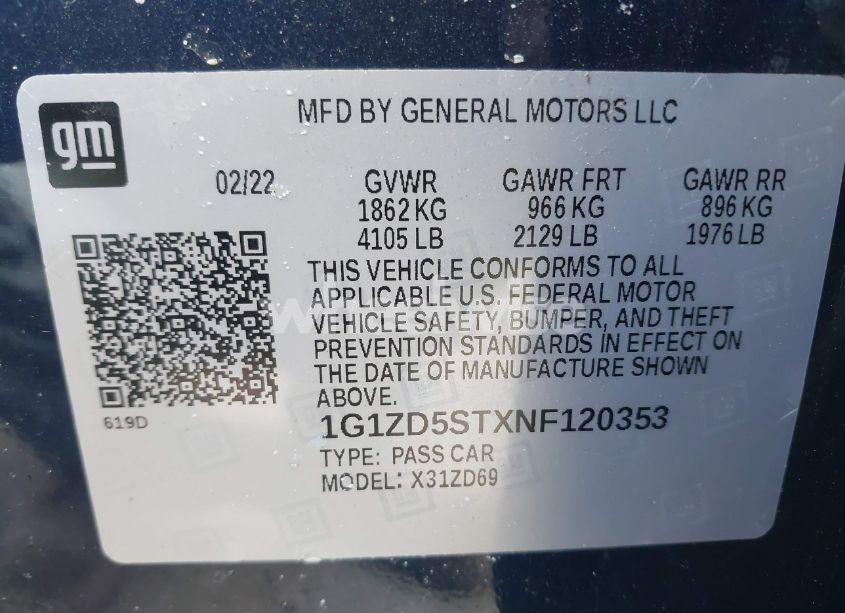 Photo 9 of 2022 Chevrolet Malibu FWD LT (VIN 1G1ZD5STXNF120353)