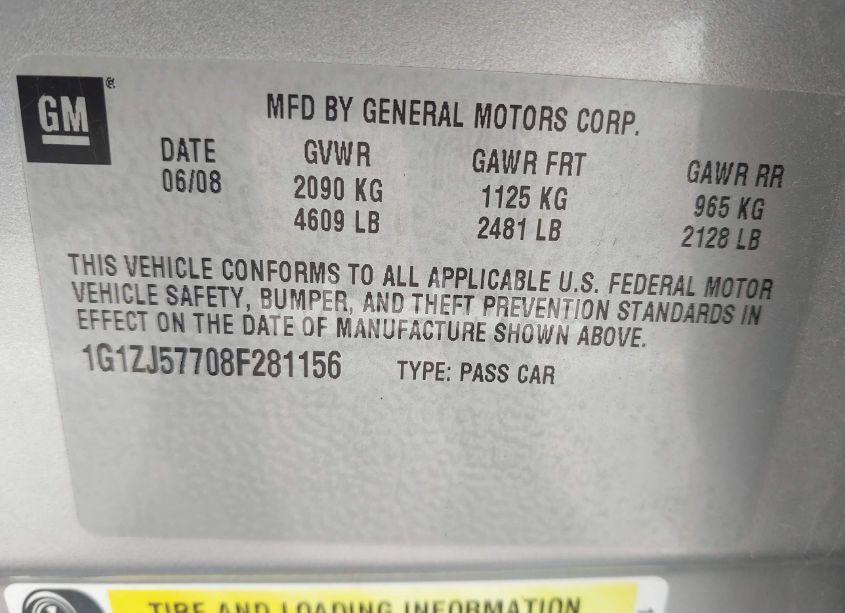 Photo 9 of 2008 Chevrolet Malibu LT (VIN 1G1ZJ57708F281156)